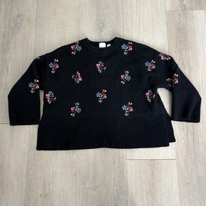 Gap Kids Girls Sweater Small 6-7 Black Crewneck  Floral Cotton Blend Oversized